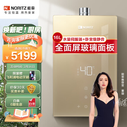 能率（NORITZ）燃气热水器16升全面屏玻璃面板 搭载水量伺服器 一键节能天然气GQ-16EP5AFEX(JSQ31-EP5A)防冻