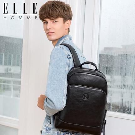 ELLE HOMME男士双肩包潮流时尚牛皮背包 休闲户外书包EA788207261黑色