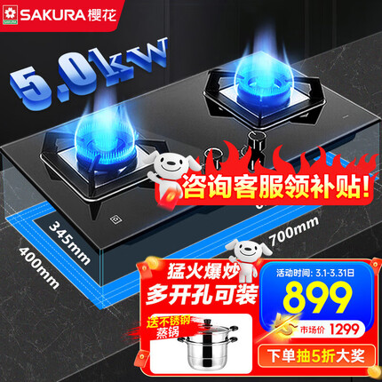 樱花（SAKURA）燃气灶天然气灶煤气灶双灶液化气灶具猛火炉灶台式嵌入式两用5.0KW大火力一级能效 【天然气】B9209大面板多种开孔尺寸
