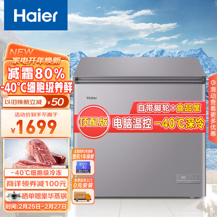海尔（Haier）200升-40℃智控低霜商用家用冰柜 冷藏柜冷冻柜母乳囤货小冰柜家用小型冰箱冷柜BC/BD-200GHEPC