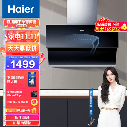 海尔（Haier）抽油烟机 侧吸油烟机 21m³/min大吸力 420pa热熔自清洁挥手爆炒家用吸油烟机抽烟机E900C11S