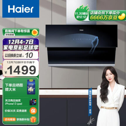 海尔（Haier）抽油烟机 侧吸油烟机 21m³/min大吸力 420pa热熔自清洁挥手爆炒家用吸油烟机抽烟机E900C11S