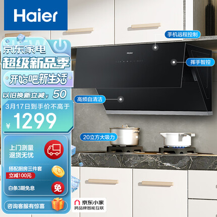 海尔（Haier）抽油烟机 侧吸式吸油烟机 20m³/min大吸力420pa挥手智控高频自旋洗京东小家C10SU1