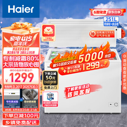 海尔（Haier）251升低霜卧式商用家用冰柜 商用大容量冷藏柜冷冻柜冰柜家用囤货小冰箱冷柜BC/BD-251HD 以旧换新