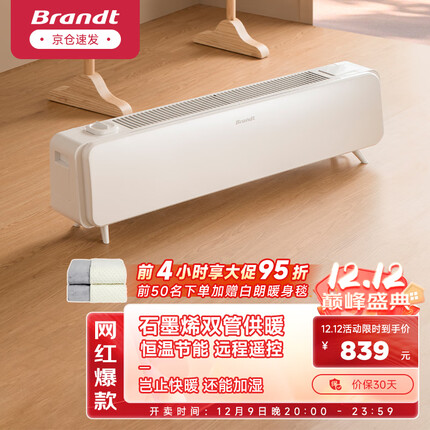 Brandt白朗踢脚线取暖器石墨烯大面积电暖器速热浴室烤火杀菌加湿电热电暖气片IPX4移动地暖踢脚线 【T22双排石墨烯】恒温快暖舒适