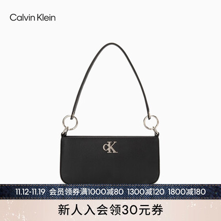 Calvin Klein女包時尚經(jīng)典簡約金屬字母拉鏈單肩包腋下法棍包禮物DH3237 001-太空黑 OS