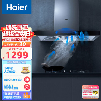 海尔（Haier）抽油烟机 21m³/min大吸力 420pa大风压 高频自旋洗 挥手智控 欧式家用吸油烟机排烟机T11