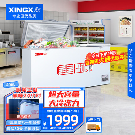 星星（XINGX） 406升 冰柜商用大容积卧式单温冰柜 冷藏冷冻转换冷柜 单箱变温冰箱 BD/BC-406E