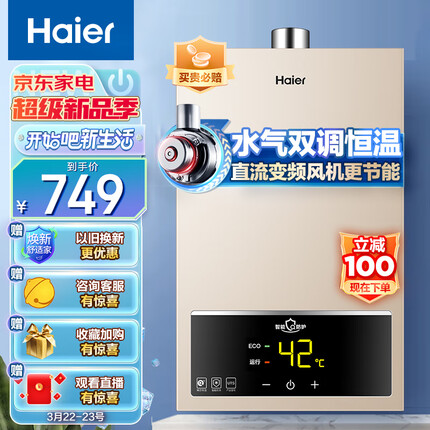海尔（Haier）12升燃气热水器天然气水气双调恒温五重净化健康ECO节能开机自检多重安防家用JSQ22-12UTS(12T)