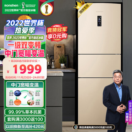 容声(Ronshen)253升变频一级能效三门小冰箱家用小型风冷无霜不占地BCD-253WD16NPA中门宽幅变温
