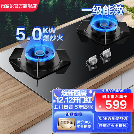万家乐燃气灶 KV551B全进风猛火 台嵌入式双灶具家用煤气炉头 【精选爆炒款】钢化玻璃+5.0KW大火力 天然气