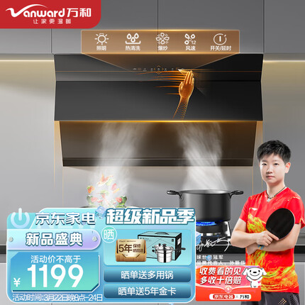 万和（Vanward）抽油烟机 侧吸式单烟机 21m³/min大吸力 家用免拆洗吸油烟机 挥手智控 自动清洗 DJ738