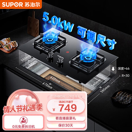 苏泊尔（SUPOR）燃气灶家用天然气灶 免改孔可调节支架灶具 台嵌两用双灶具 5.0kW大火力 DB29天