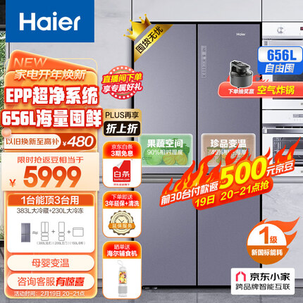 海尔（Haier）656升智享系列双变频十字双开门四开门家用电冰箱一级能效风冷无霜超大容量BCD-656WGHTDV9N9U1