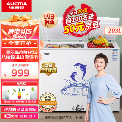 澳柯玛（AUCMA）203升家用商用冰柜 双温双箱冷柜 冷藏冷冻卧式冰箱 冷藏全铜管 一级能效 BCD-203CNE 以旧换新