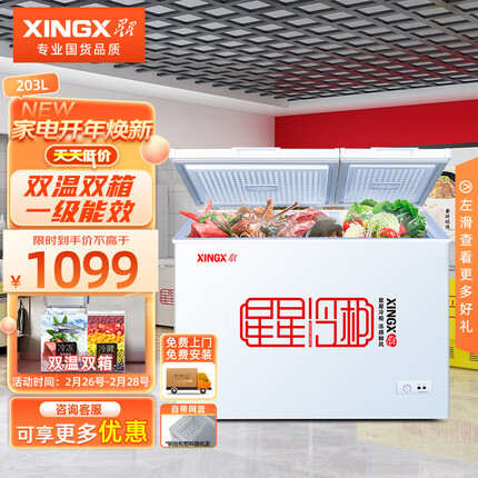 星星（XINGX） 203升 家用商用双温冰柜 双箱冷柜 左冷冻右冷藏冰箱 顶开门大容量 BCD-203EJD