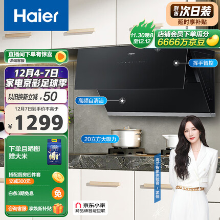 海尔（Haier）抽油烟机 侧吸式吸油烟机 20m³/min大吸力420pa挥手智控高频自旋洗京东小家C10SU1