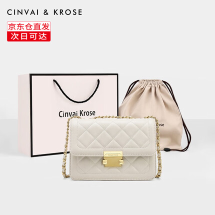CinvaiKrose包包女包轻奢侈风品牌斜挎包女士包包新款2023牛皮链条单肩包 菱格白-CK女包生日礼物送女友