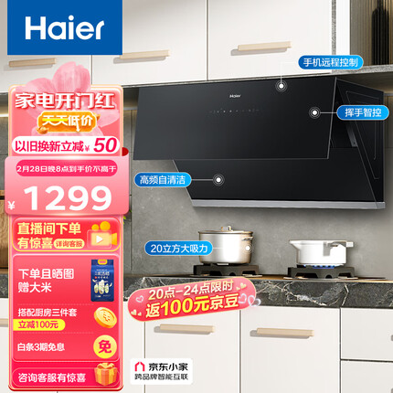 海尔（Haier）抽油烟机 侧吸式吸油烟机 20m³/min大吸力420pa挥手智控高频自旋洗京东小家C10SU1