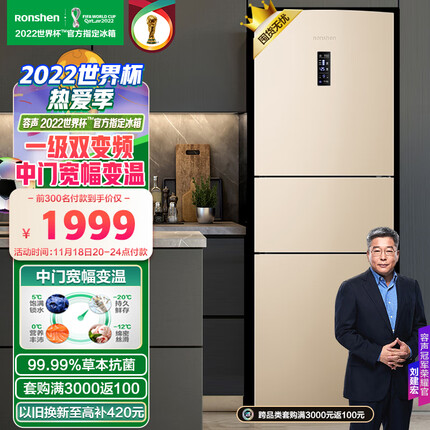 容声(Ronshen)253升变频一级能效三门小冰箱家用小型风冷无霜不占地BCD-253WD16NPA中门宽幅变温