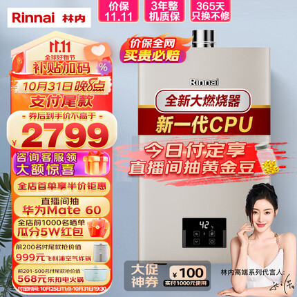 林内（Rinnai）13升燃气热水器 全新智慧芯 恒温再升级 焕境系列 天然气12T RUS-13GD32（JSQ26-GD32）