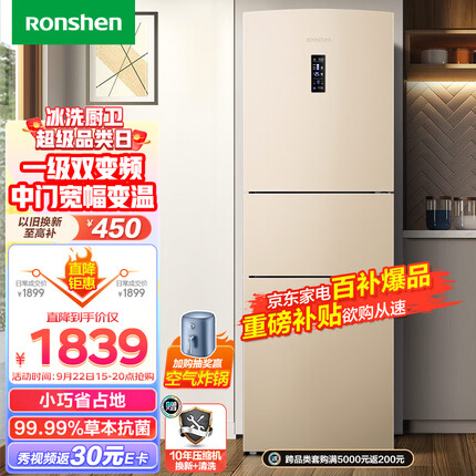 容声（Ronshen）253升变频一级能效三开门小冰箱家用小型风冷无霜不占地BCD-253WD16NPA中门宽幅变温