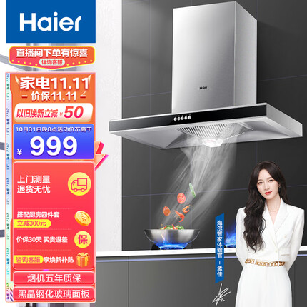 海尔（Haier）抽油烟机 欧式油烟机 17m³/min大吸力 一级能效 黑晶钢化玻璃面板 家用吸油烟机E900T2S