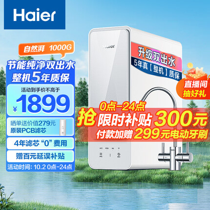 海尔（Haier）自然湃家用净水器1000G 厨下RO反渗透过滤直饮水纯水机 双出水无双酚A HRO10H88-2U1