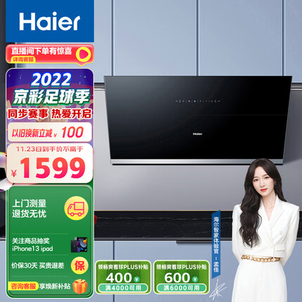 海尔（Haier）油烟机 爆炒22m³/min大吸力 智能变频 自旋洗 侧吸式 挥手爆炒 家用抽油烟机 CXW-258-E900C16