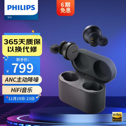 飞利浦（PHILIPS）真无线蓝牙耳机主动降噪耳机入耳式运动游戏耳机|Hi-Res高解析LDAC音频|多点链接TAT8506黑