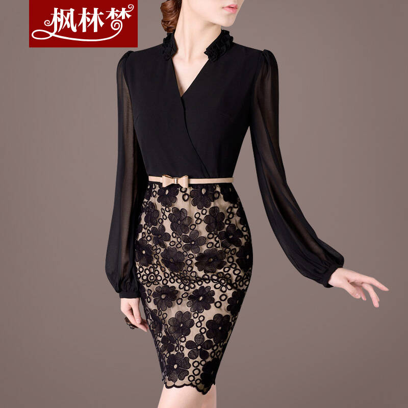 枫林梦2014秋装新款女装OL优雅长袖修身连衣