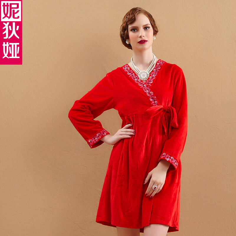 妮狄娅 秋冬季天鹅绒睡衣 女士全棉长袖性感时