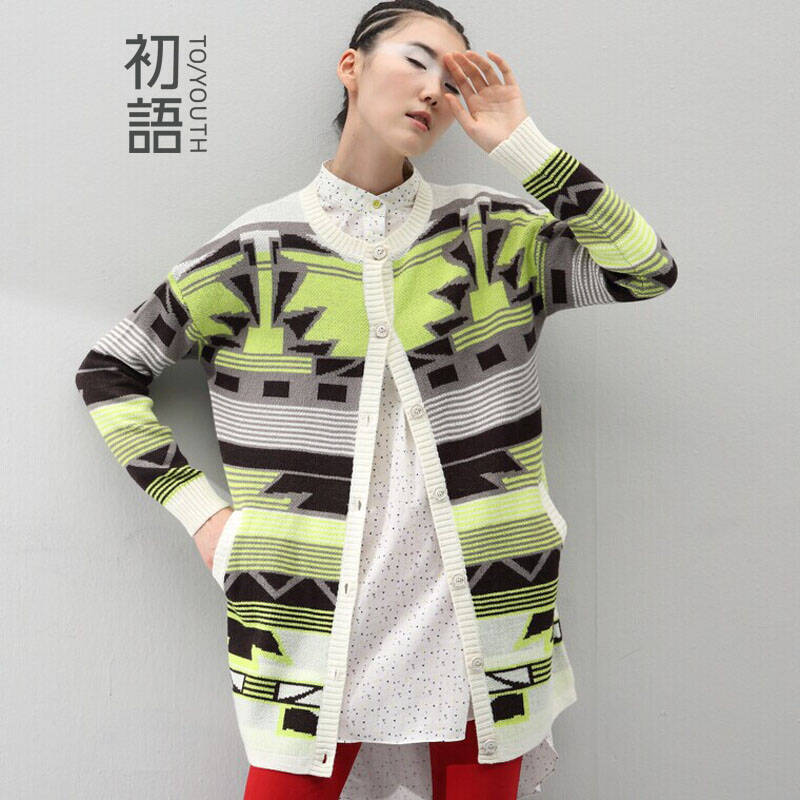 初语 2014秋季新款 几何层峦色彩鲜艳开衫毛衣