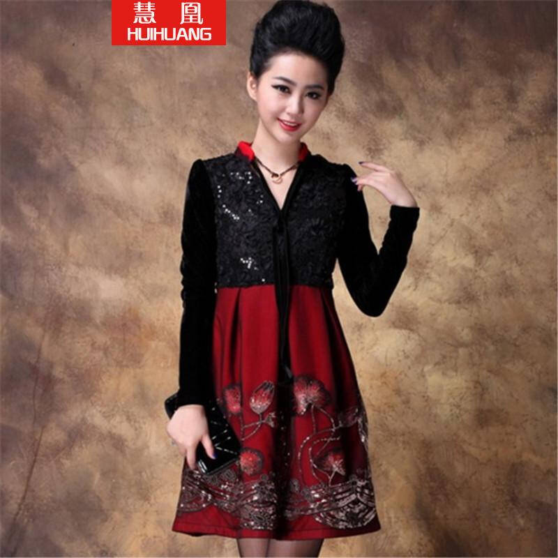 慧凰 2014欧美长袖刺绣女装连衣裙女秋冬GB