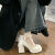 喜洛驰增高方头玛丽珍单鞋女2024春夏季新款小皮鞋一字扣带粗跟高跟鞋子 米白色 37