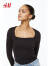 H&M女装长袖T恤夏季新款复古方领法式高弹打底衫上衣1089811 黑色 170/104
