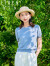 犁人坊气质简约法式短袖针织衫2024春夏季女装设计感撞色圆领上衣 38灰蓝 S