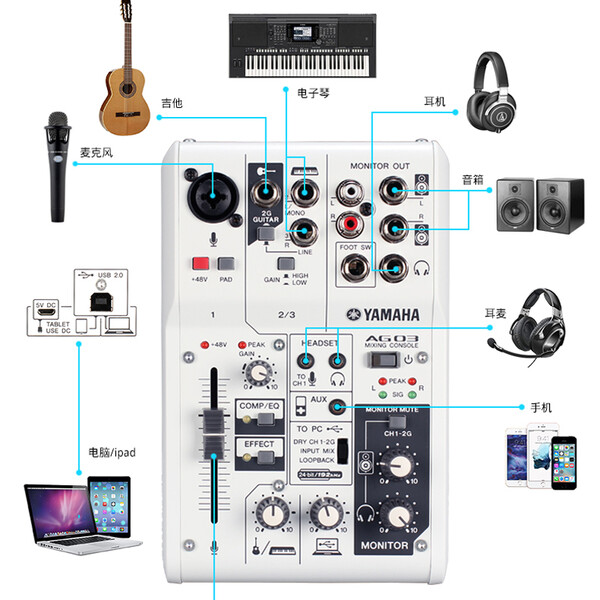 yamaha 雅马哈ag03声卡调音台家用电脑k歌录音k歌独立