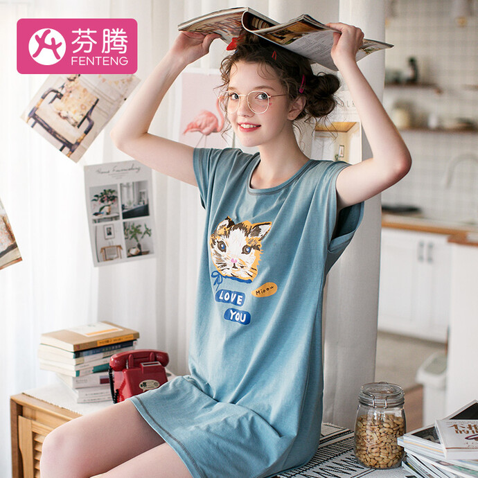 芬腾 19年春夏新款 纯棉印花 女式短袖睡裙*2件 ￥99包邮 2色可选