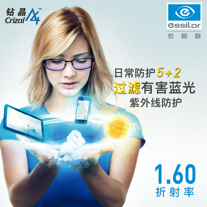 依视路 ESSILOR 钻晶A4特薄1.60非球面镜片 2片装 凑单折后￥415.96 赠钛架镜框