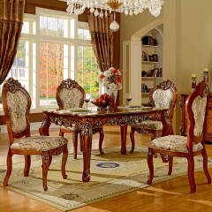艾米河 别墅欧式餐桌椅组合实木雕花描金复古美式饭桌1.5M长方形桌子 1.6米餐桌+6椅/餐桌椅组合