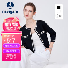 Navigare意大利小帆船女士小香风圆领针织开衫外套2314094501 黑/白 M