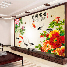 花开富贵牡丹图客厅壁画现代中式客厅电视背景墙壁纸壁画牡丹九鱼图