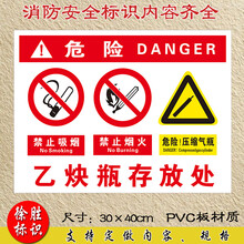 乙炔瓶存放处安全标识牌 禁止烟火安全警示牌 车间仓库提示标示牌