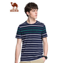 骆驼（CAMEL）男装 夏季男青年条纹休闲T恤 微弹圆领绣标上衣 深蓝 XL