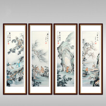 泓饰 国画琴棋书画 四条屏山水人物画中堂客厅办公室装饰画 四条屏