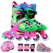 美洲狮(cougar)儿童套装轮滑鞋 溜冰鞋滑冰鞋旱冰鞋867 玫红绿 护具