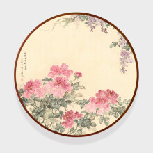 臻观 中式花鸟国画水墨画实木圆形手绘牡丹挂画花开富贵玄关装饰画