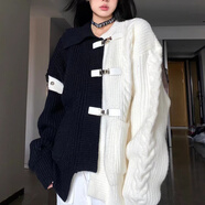 MCJO高領(lǐng)毛衣冬款女加厚慵懶風(fēng)寬松套頭新款個性小眾設(shè)計感不規(guī)則撞色 黑白拼接 S