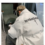 橙八美式PU皮棉服男外套男女同款秋冬季加厚棉衣羽面包絨服棉襖男士 M2311白色（前后刺繡款） M （建議體重80斤-100斤）